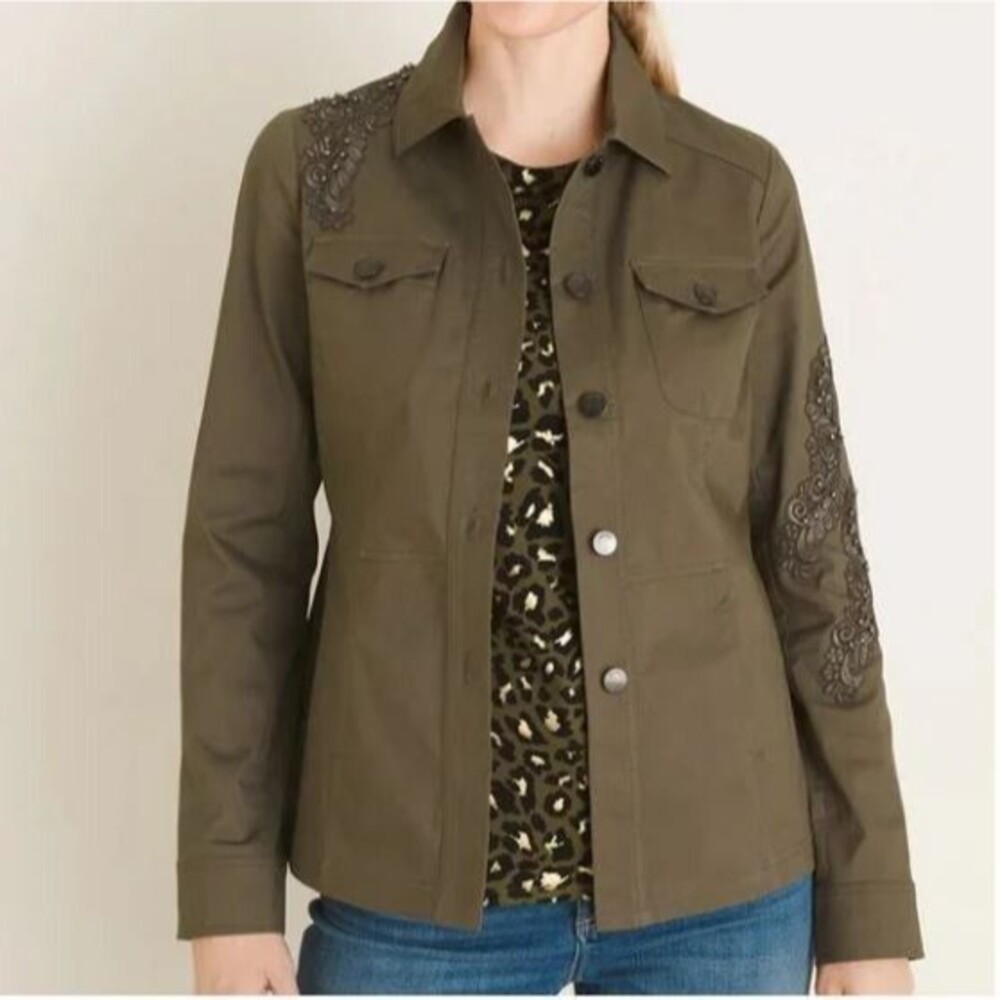 Chico’s Lace Embroidered Embellished Appliqué Utility Olive Green Jacket 1P (M)